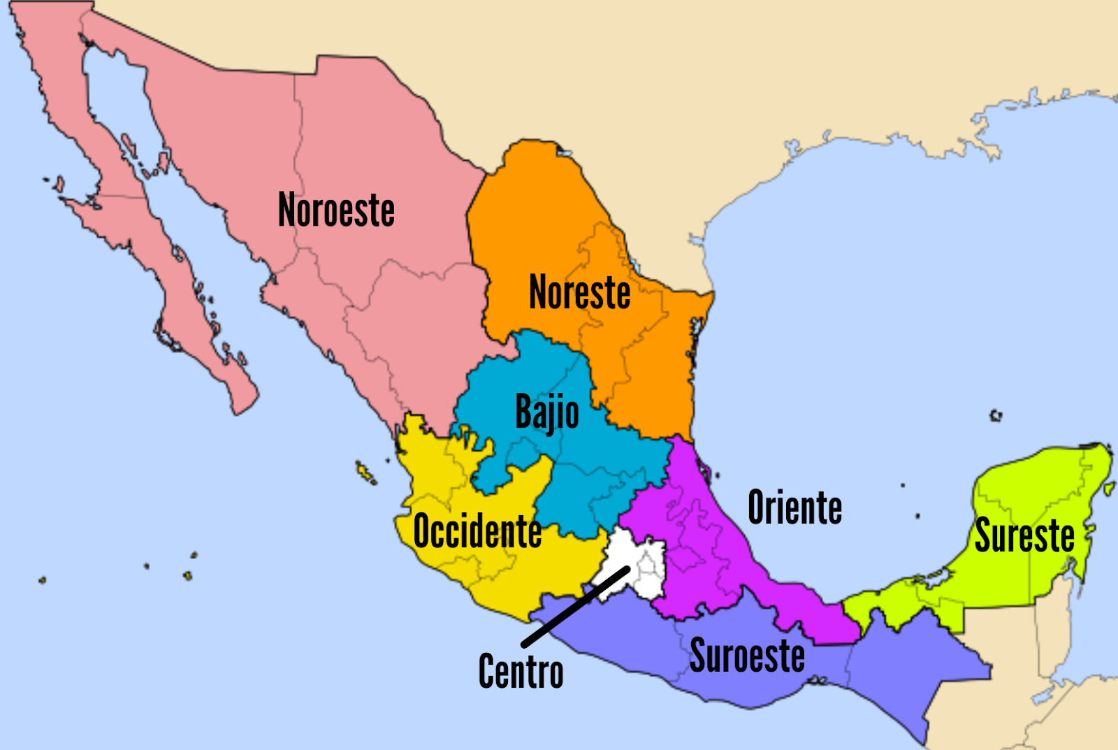 Mapa de regiones en México